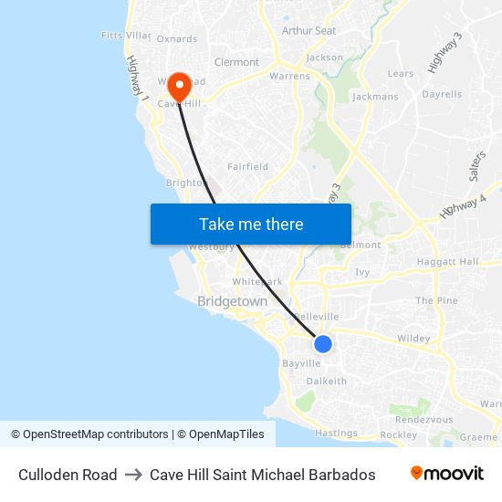 Culloden Road to Cave Hill Saint Michael Barbados map