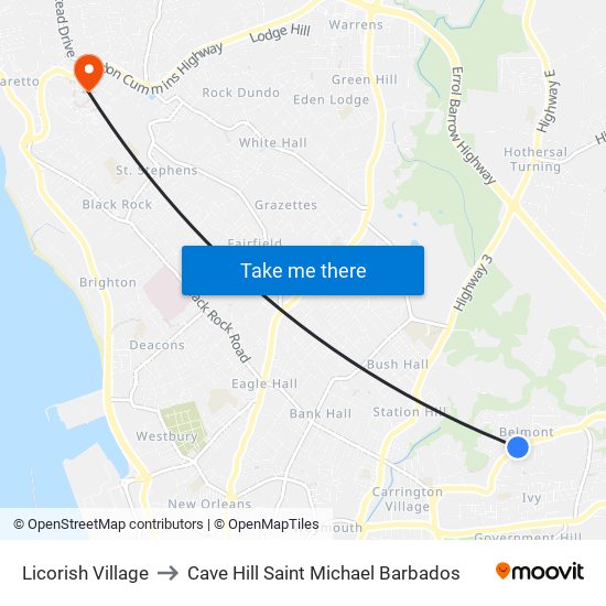 Licorish Village to Cave Hill Saint Michael Barbados map