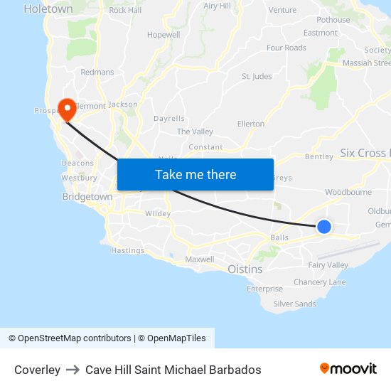 Coverley to Cave Hill Saint Michael Barbados map