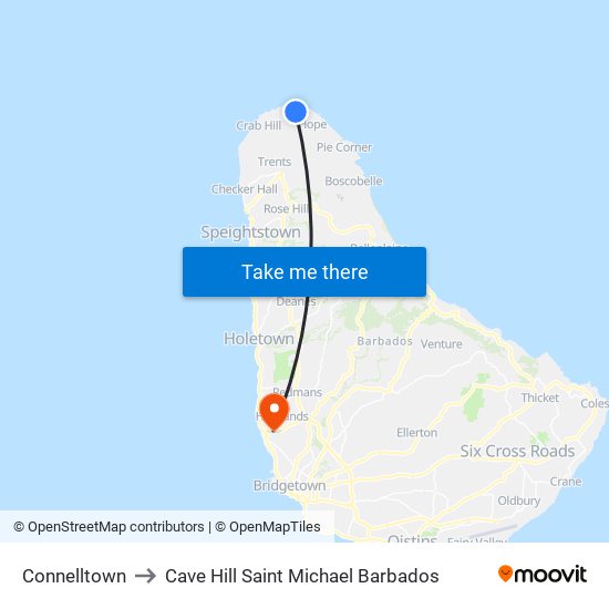 Connelltown to Cave Hill Saint Michael Barbados map