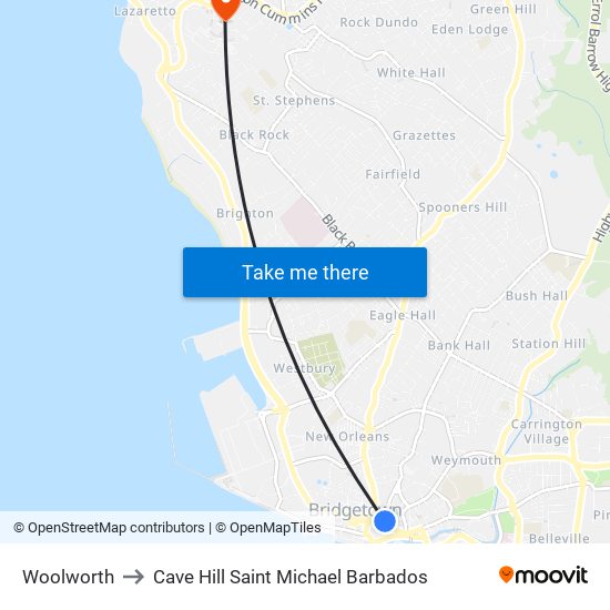 Woolworth to Cave Hill Saint Michael Barbados map