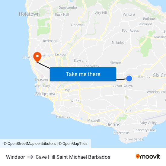 Windsor to Cave Hill Saint Michael Barbados map