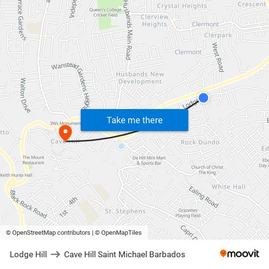 Lodge Hill to Cave Hill Saint Michael Barbados map