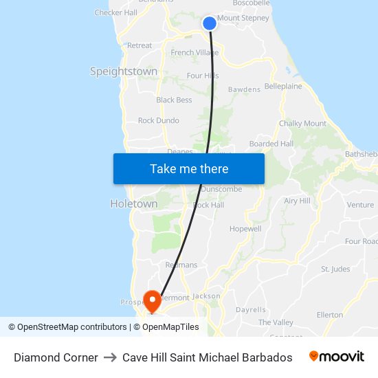 Diamond Corner to Cave Hill Saint Michael Barbados map
