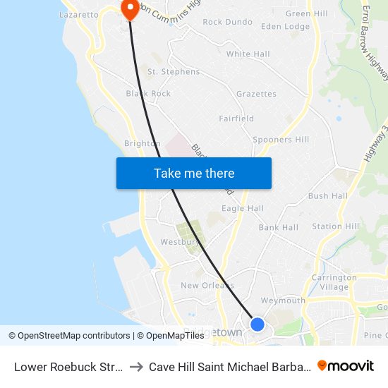 Lower Roebuck Street to Cave Hill Saint Michael Barbados map