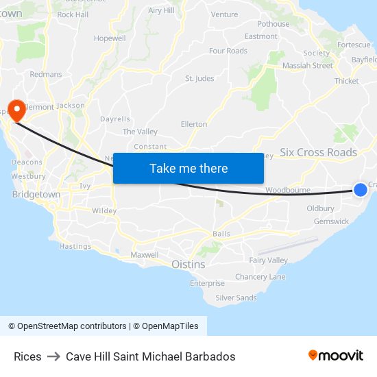 Rices to Cave Hill Saint Michael Barbados map