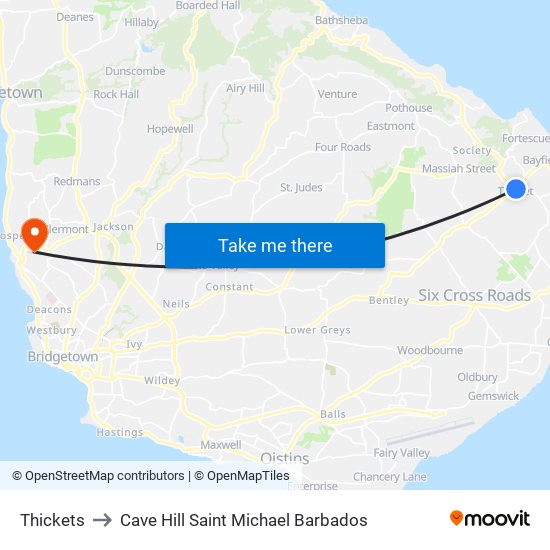 Thickets to Cave Hill Saint Michael Barbados map