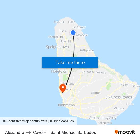 Alexandra to Cave Hill Saint Michael Barbados map