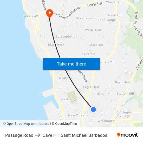 Passage Road to Cave Hill Saint Michael Barbados map
