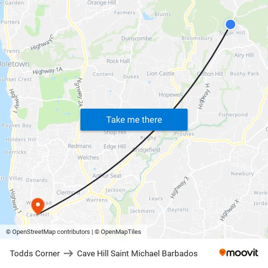 Todds Corner to Cave Hill Saint Michael Barbados map