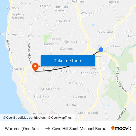 Warrens (One Accord) to Cave Hill Saint Michael Barbados map