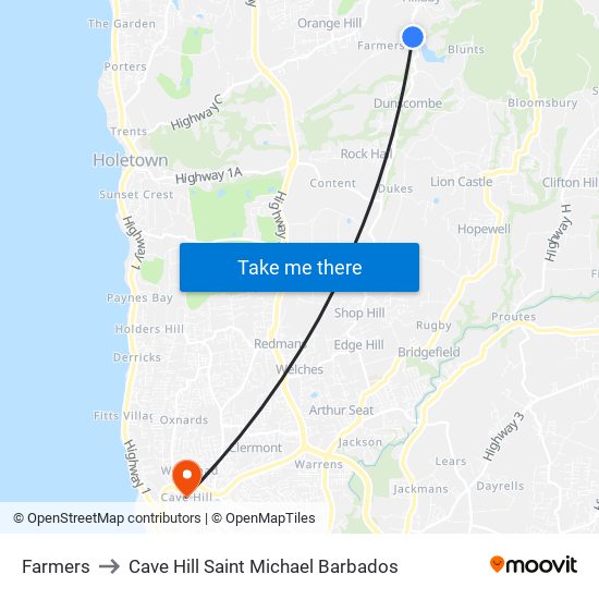 Farmers to Cave Hill Saint Michael Barbados map