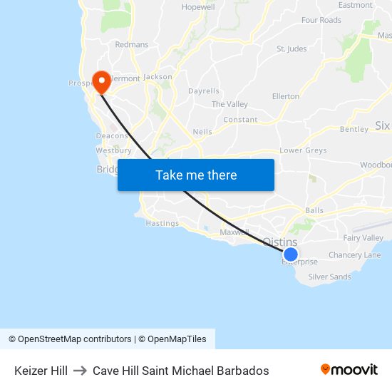 Keizer Hill to Cave Hill Saint Michael Barbados map