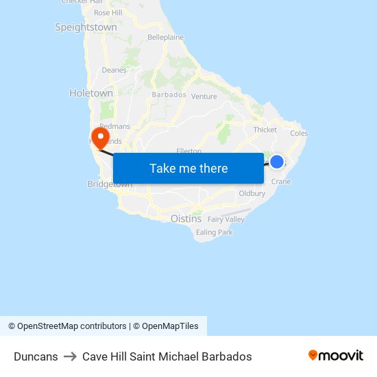 Duncans to Cave Hill Saint Michael Barbados map