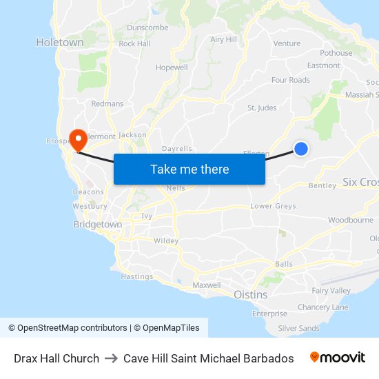 Drax Hall Church to Cave Hill Saint Michael Barbados map