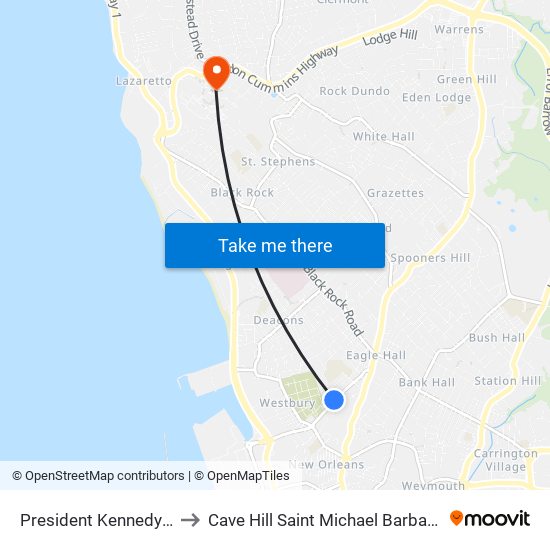 President Kennedy Dr to Cave Hill Saint Michael Barbados map