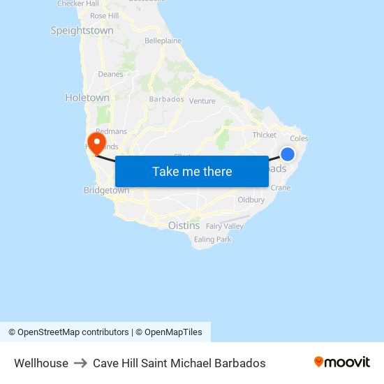Wellhouse to Cave Hill Saint Michael Barbados map