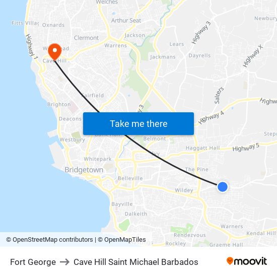 Fort George to Cave Hill Saint Michael Barbados map