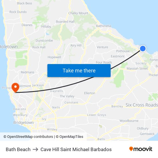 Bath Beach to Cave Hill Saint Michael Barbados map