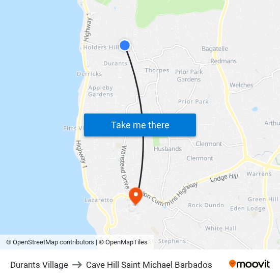 Durants Village to Cave Hill Saint Michael Barbados map