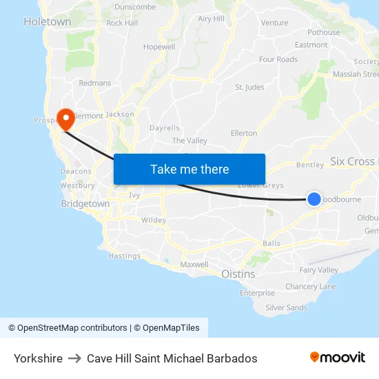 Yorkshire to Cave Hill Saint Michael Barbados map