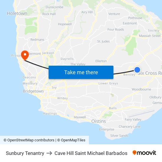 Sunbury Tenantry to Cave Hill Saint Michael Barbados map