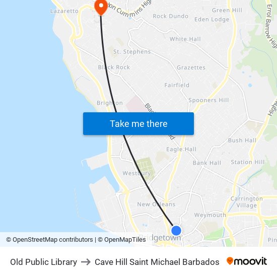 Old Public Library to Cave Hill Saint Michael Barbados map