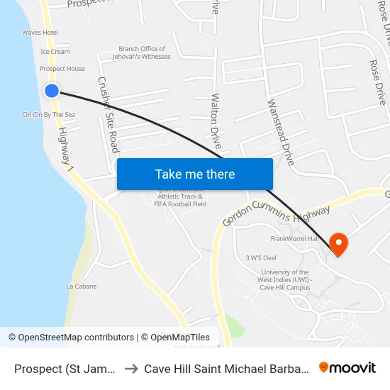 Prospect (St James) to Cave Hill Saint Michael Barbados map
