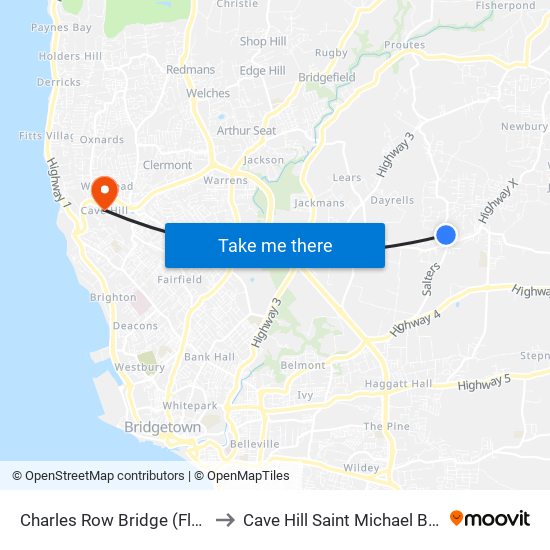 Charles Row Bridge (Flat Rock) to Cave Hill Saint Michael Barbados map