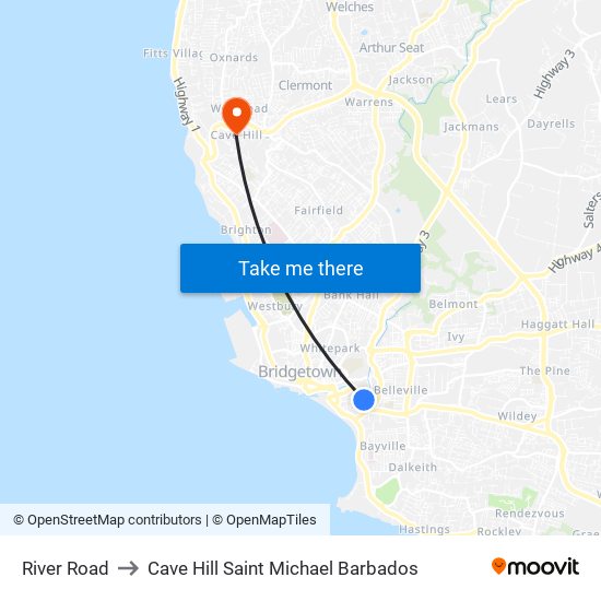 River Road to Cave Hill Saint Michael Barbados map