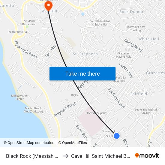 Black Rock (Messiah Church) to Cave Hill Saint Michael Barbados map