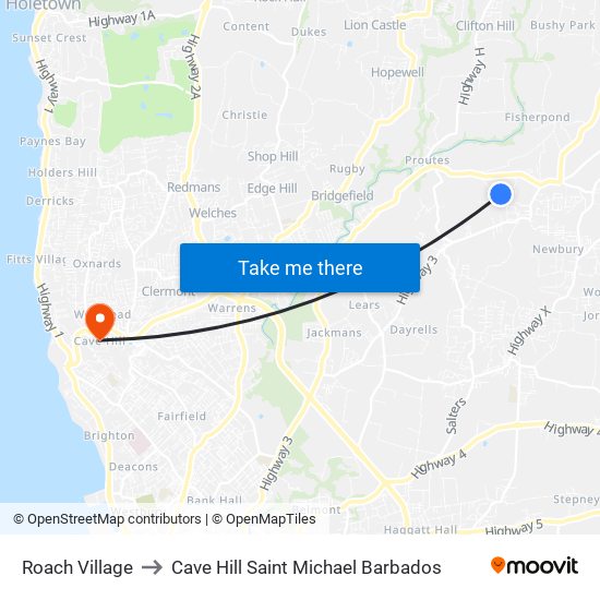 Roach Village to Cave Hill Saint Michael Barbados map