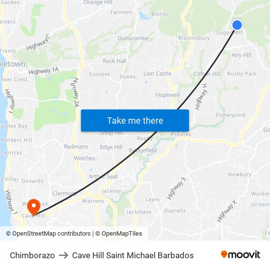 Chimborazo to Cave Hill Saint Michael Barbados map