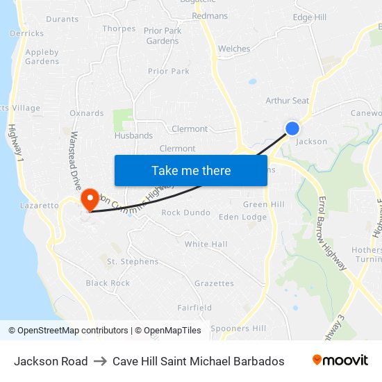 Jackson Road to Cave Hill Saint Michael Barbados map