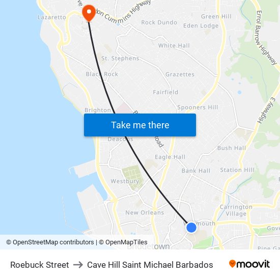 Roebuck Street to Cave Hill Saint Michael Barbados map