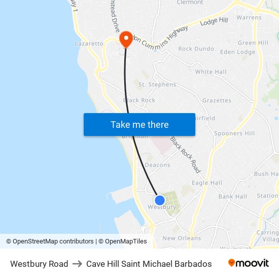 Westbury Road to Cave Hill Saint Michael Barbados map