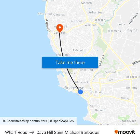 Wharf Road to Cave Hill Saint Michael Barbados map