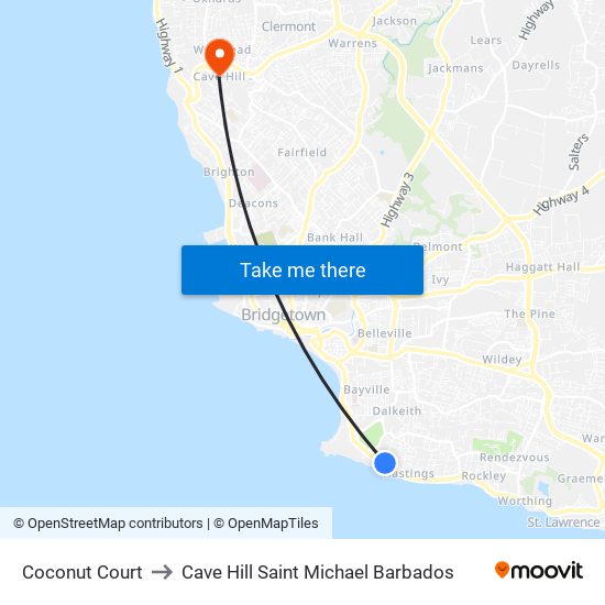 Coconut Court to Cave Hill Saint Michael Barbados map