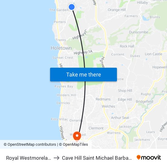 Royal Westmoreland to Cave Hill Saint Michael Barbados map