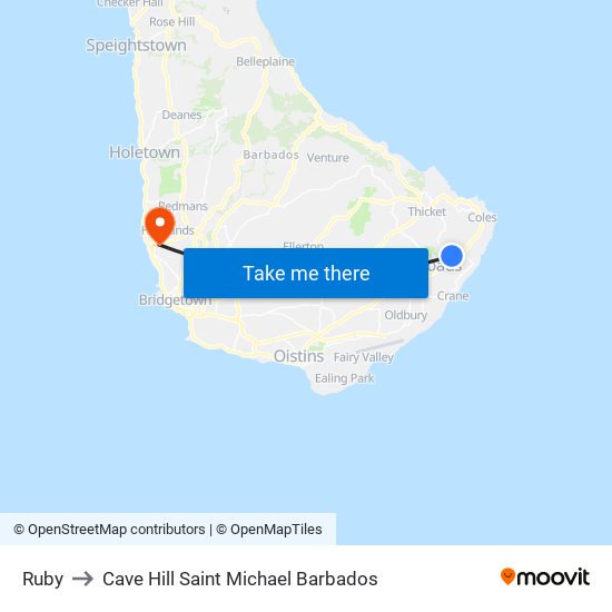 Ruby to Cave Hill Saint Michael Barbados map