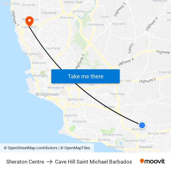 Sheraton Centre to Cave Hill Saint Michael Barbados map