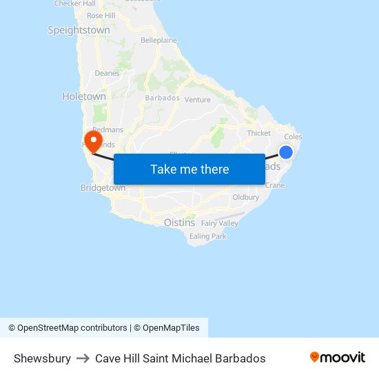 Shewsbury to Cave Hill Saint Michael Barbados map