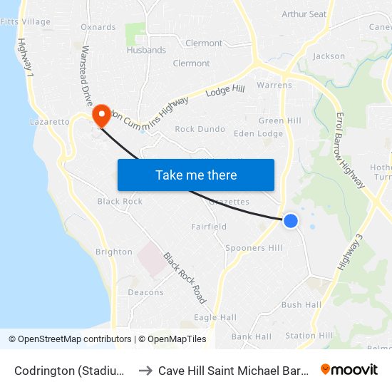 Codrington (Stadium Rd) to Cave Hill Saint Michael Barbados map