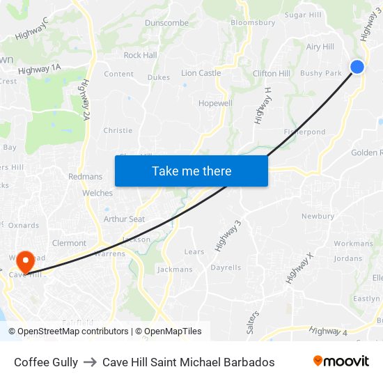 Coffee Gully to Cave Hill Saint Michael Barbados map
