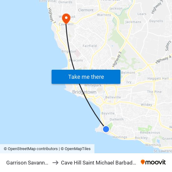 Garrison Savannah to Cave Hill Saint Michael Barbados map