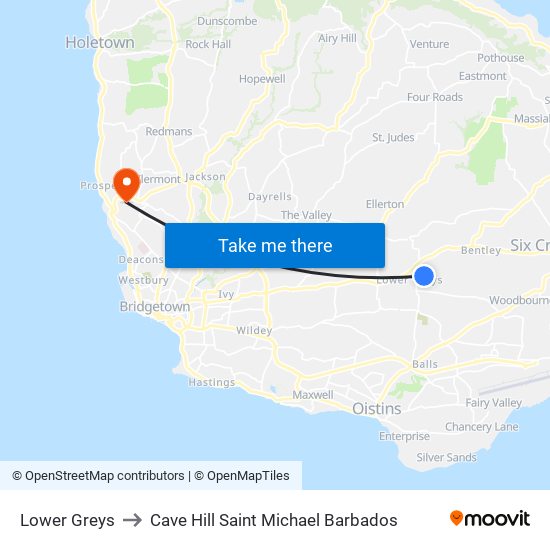 Lower Greys to Cave Hill Saint Michael Barbados map