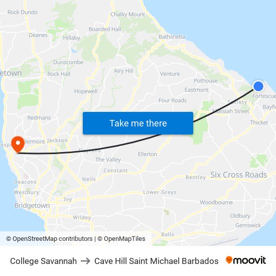 College Savannah to Cave Hill Saint Michael Barbados map