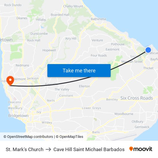 St. Mark's Church to Cave Hill Saint Michael Barbados map