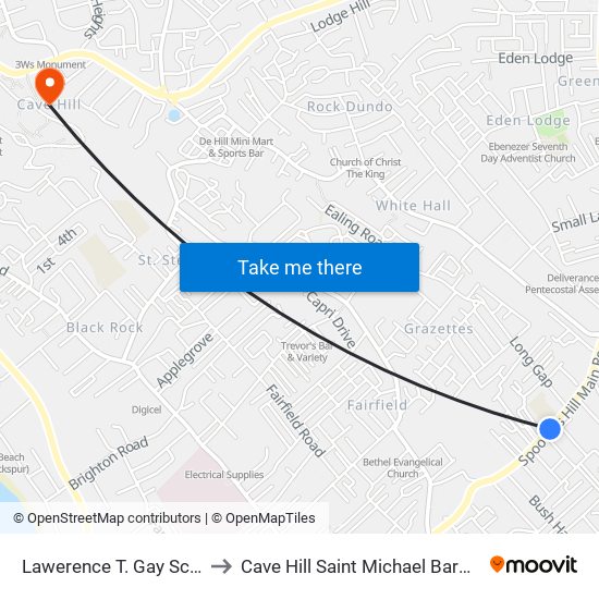 Lawerence T. Gay School to Cave Hill Saint Michael Barbados map