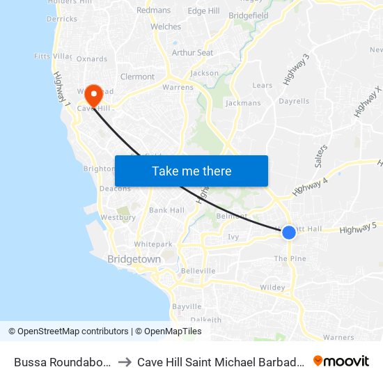 Bussa Roundabout to Cave Hill Saint Michael Barbados map